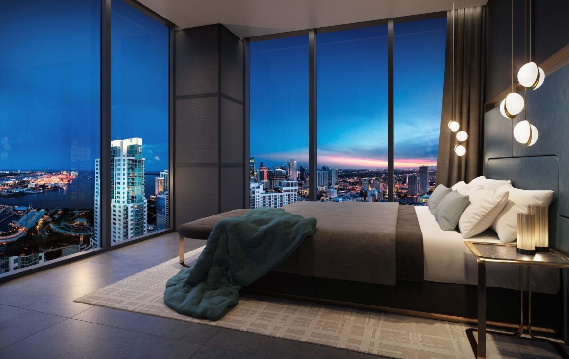 Rendering of E11even Hotel and Residences suite interior bedroom